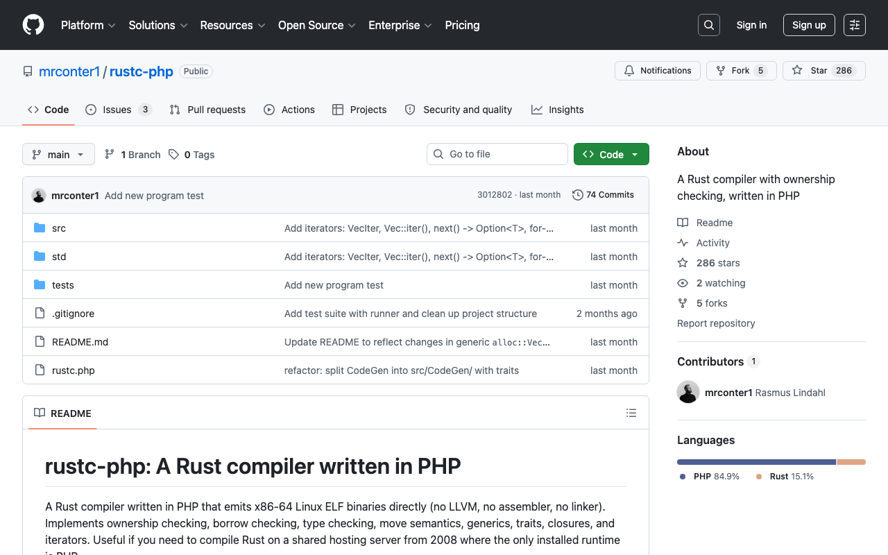 Rust compiler in PHP emitting x86-64 executables